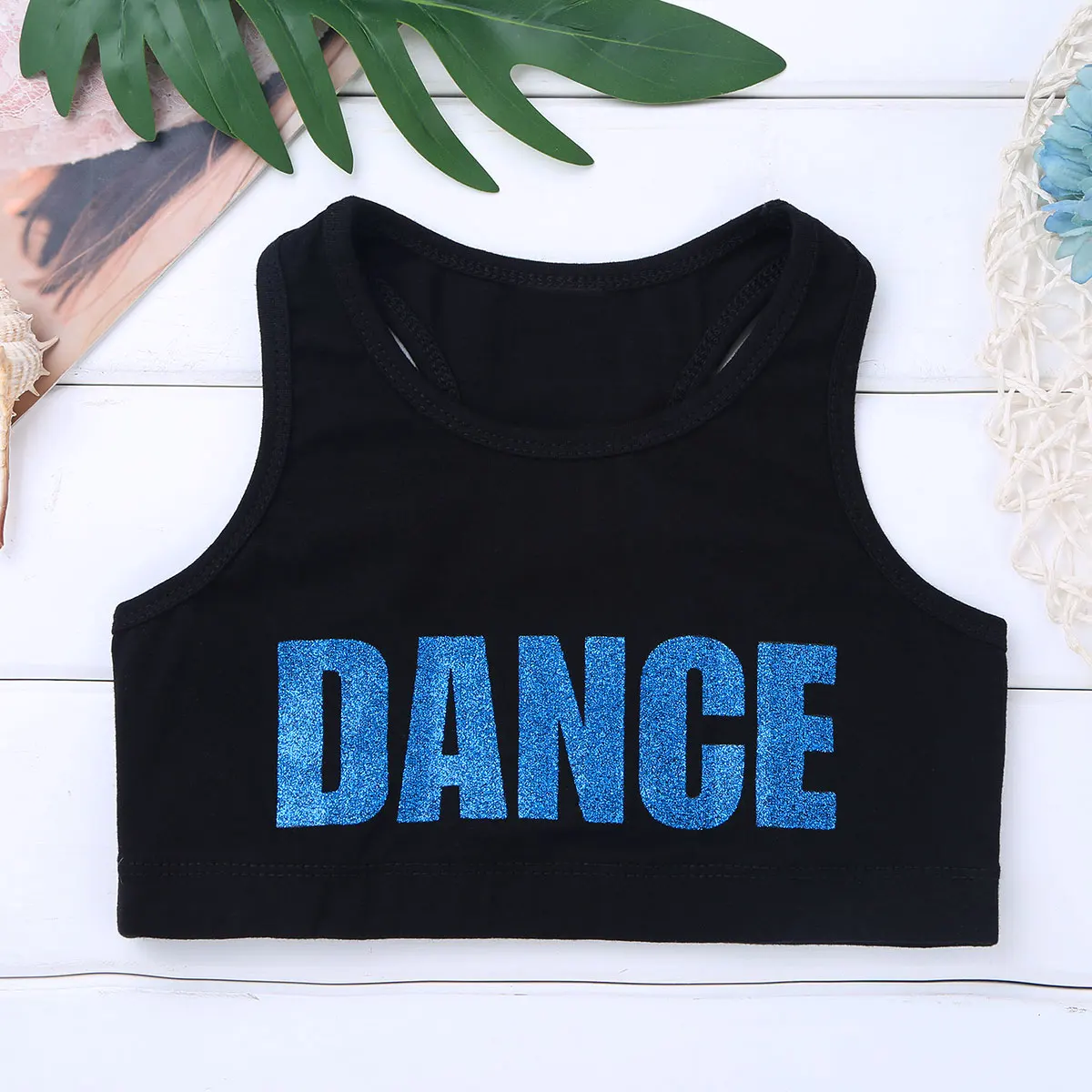 FEESHOW Kids Girls Sleeveless Shiny Letters DANCE Printed Crop Top Sports Gymnastics Ballet Tops Stage Performance Dance Costume