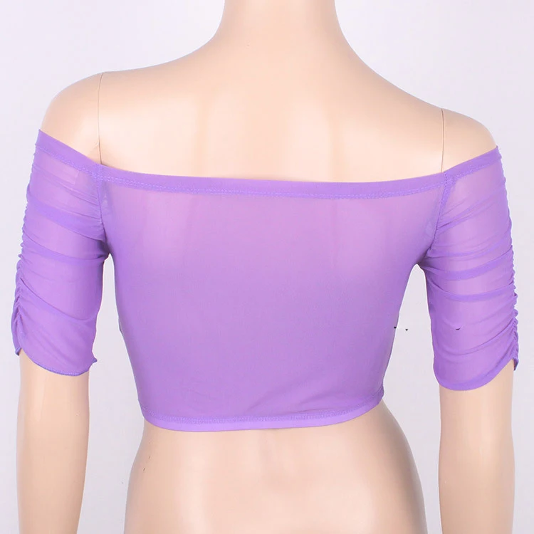 Purple See Through Mesh Sexy Off Shoulder Short T-shirt Belly Dance Bottom Wear Puff Sleeve Sexy Nightclubs Bodysuit FX22