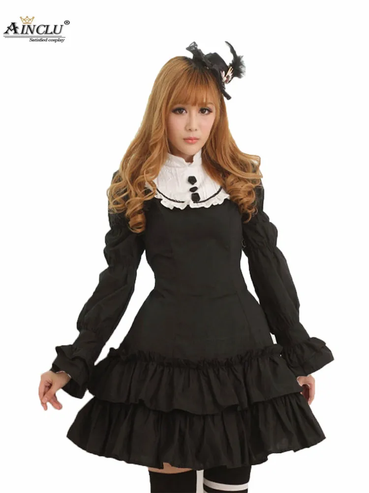 

Ainclu Women's Black Cotton Japanese Original Long Sleeves Slim Cake Princess Lolita Dress