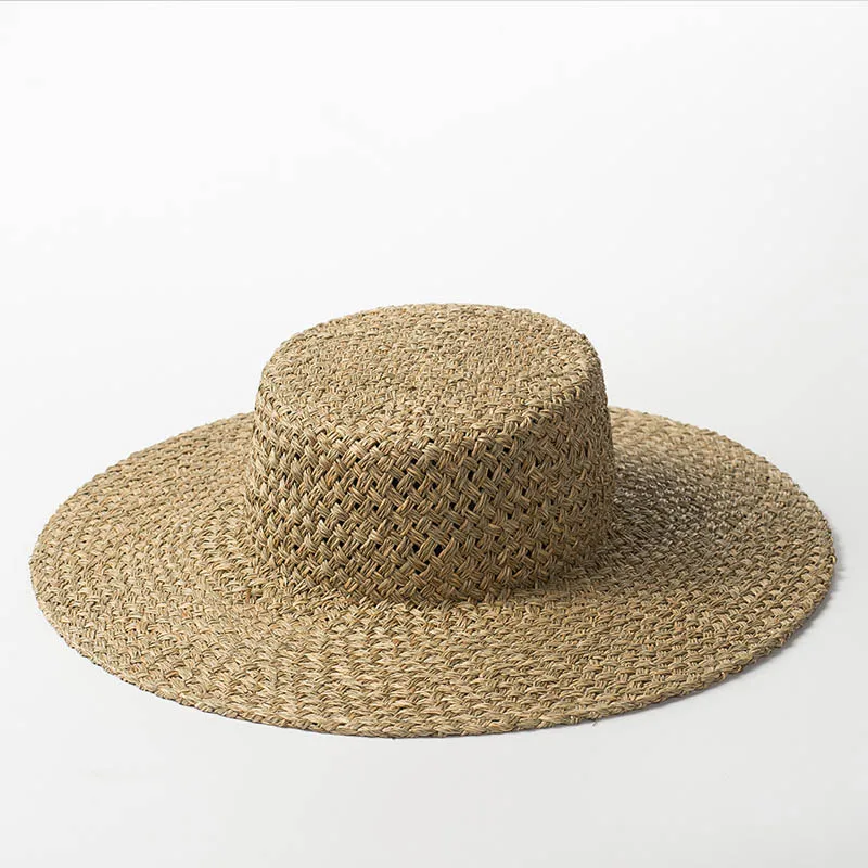 Hurtownia Top Ręcznie Tkane Wodorosty Kobiety Kapelusze przeciwsłoneczne Naturalne Mężczyźni Kapelusz Boater Letni Kapelusz Plażowy Derby Słomkowy Kapelusz Chapeu Sombrero Płaska Czapka