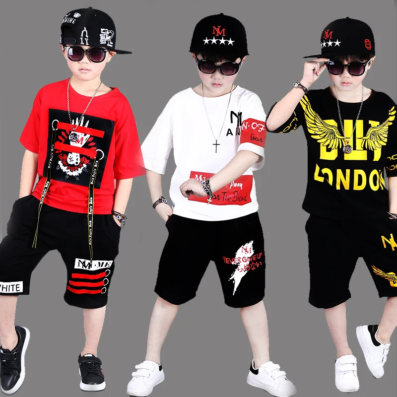 

Special Offer Boys Summer Street Dancing Clothes Hip Hop Children T-shirt + Shorts 3-15 Yrs Teenager Kid Sport Clothing Set X402