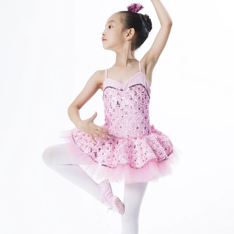 Pink White Child Professional Ballet Dress Iridescent Sequins Tricot Organdy Tutu Skirt for Dance Performance & Competition Wear