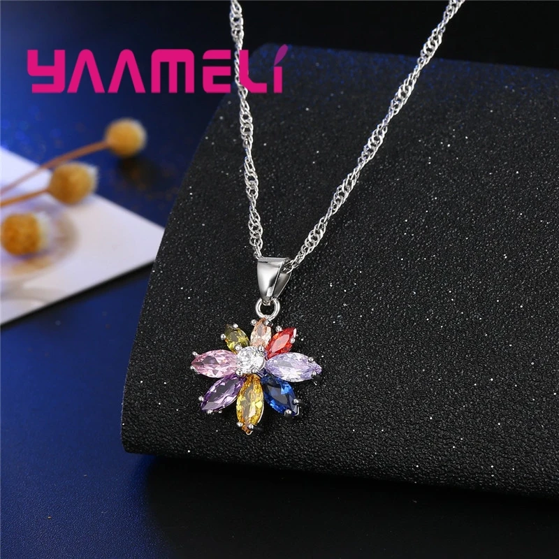 925 Sterling Silver Necklace Earrings Set Luxury Noble Style Colorful Flower Shape Valentine\'s Day Gift For Women