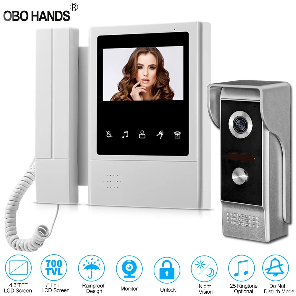 4.3\'\' TFT Color Wired Video Intercom Door Phone Doorbell System for home 700TVL IR Night Vision Outdoor Camera Metal Waterproof