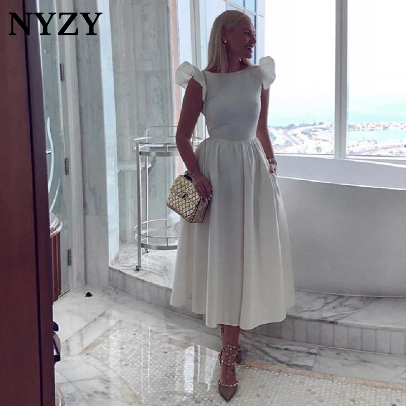 

Elegant Cap Sleeves White Evening Dress Short 2019 NYZY C169 Satin Pocket Evening Gown Party Dress Robe Soiree Abendkleider