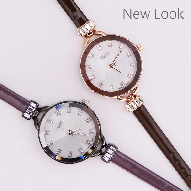 Julius Women\'s Watch Japan Quartz Mother-of-pearl Hours Top Fine Fashion Bracelet Real Leather Rhinestone Girl’s Birthday Gift