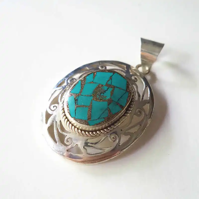 TBP489 Nepal Vintage Jewelry White Metal Copper Inlay Turquoise Hollow Flower Pendants