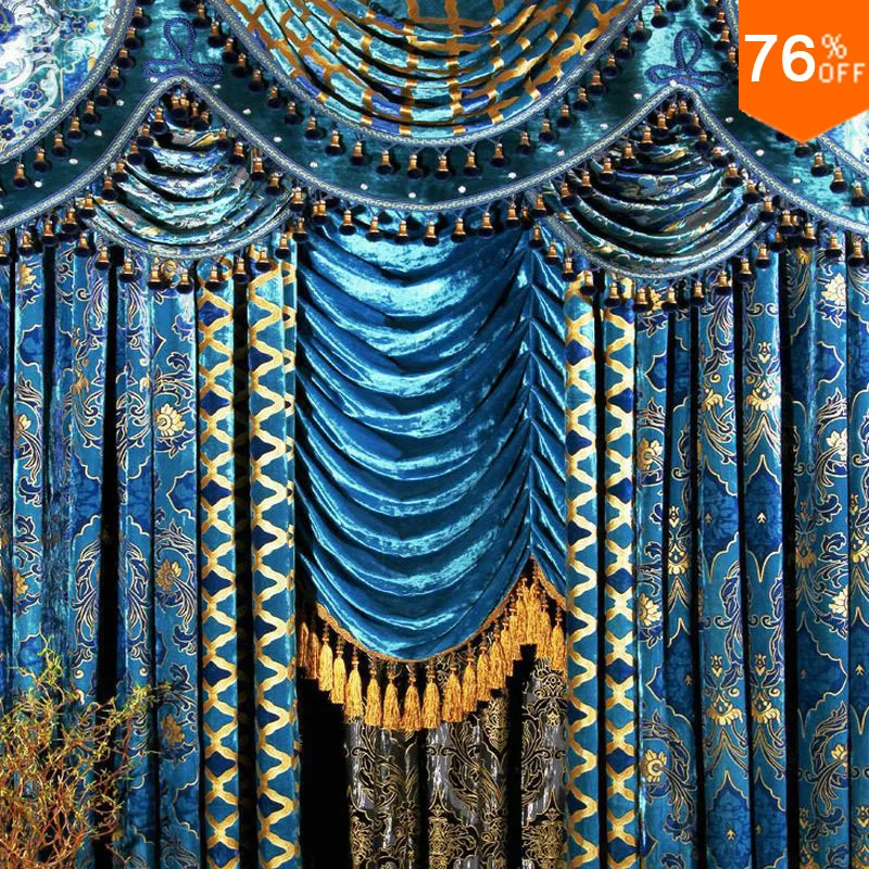 curtains for living room Peacock Blue Flannelet Bronzier Bead Velvet luxury curtains window curtain living room sheer curtains