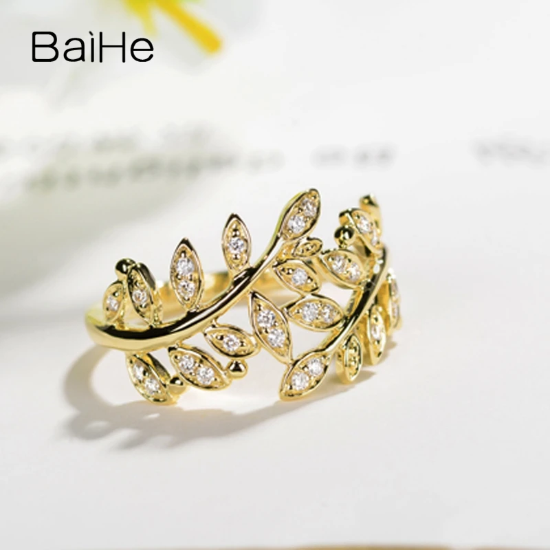 BAIHE Solid 14K Yellow Gold H/SI Natural Diamond Leaves Ring Women Men Trendy Wedding Fine Jewelry Feuilles Anneau Anel Folhas