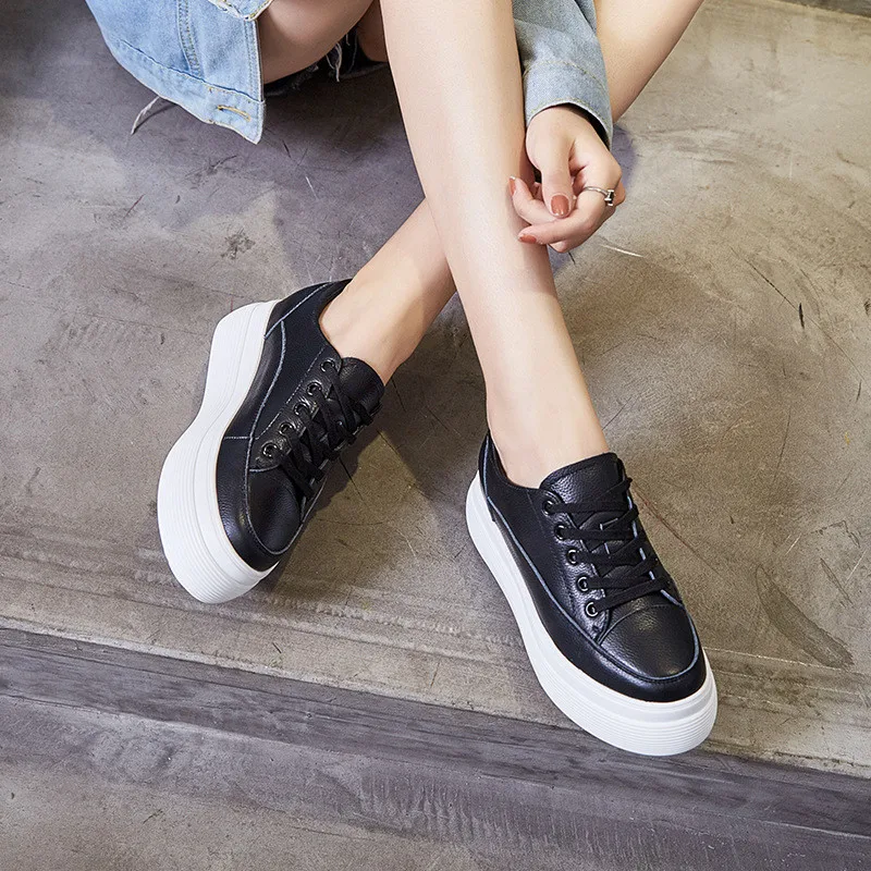 

Women's Flats White Shoes Spring Autumn Genuine Leather Lace Up Girl Sneakers Women Shoes Flat Platform Casual Woman Shoe