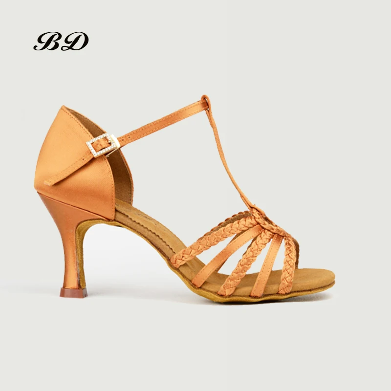 BDDANCE – chaussures de danse latine de qualité supérieure, en Satin importé, avec boucle en diamant, tressée, semelle intérieure en cuir véritable,