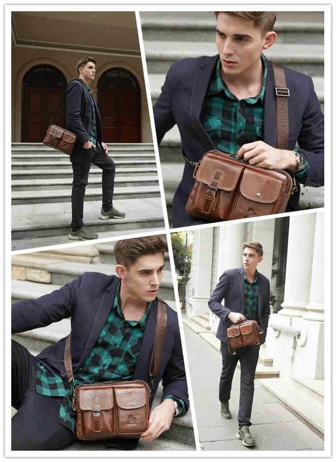 LAOSHIZI LUOSEN men Genuine Leather Shoulder Messenger Bag men\'s Handbag Vintage Crossbody Bag Tote Business Man Messenger Bag