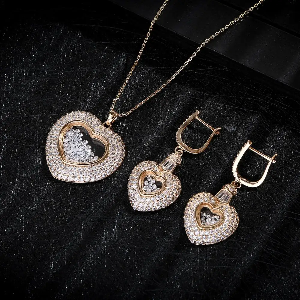 NEW Luxury Heart Pendant Lover\'s  Cubic Zircon CZ  For Women Wedding Dubai Bridal Jewelry Sets D1256