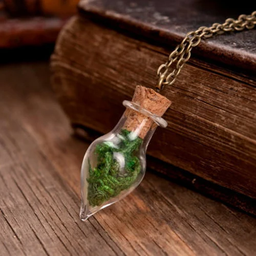 3PCS 8MM Real moss necklace Wishing Necklace Tiny Glass Globe Green Necklace terrarium necklace