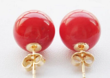 real 10mm round red coral bead stud earring EARRINGS Lovely Women\'s Wedding Jewelry