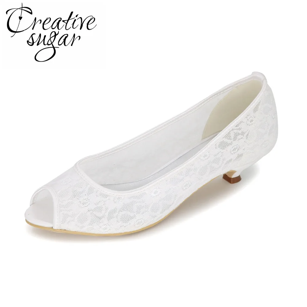 Creativesugar see through lace open peep toe woman low heel pumps lady wedding party shoes pink white ivory blue black tangerine