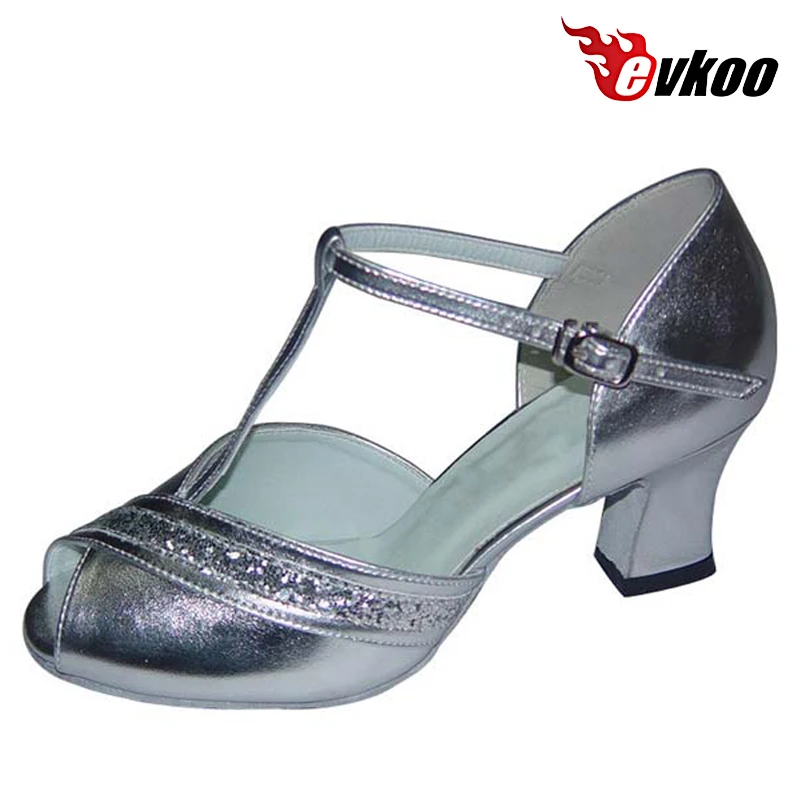 Evkoodance-zapatos de tacón bajo para mujer, calzado de baile latino profesional de Pu con Material brillante, color plateado y dorado, 4,5/7cm,