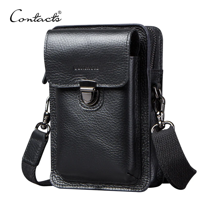 CONTACT\'S genuine leather waist bag for men cell phone bags pouch with card holders male shoulder bag travel waist pack hip bag