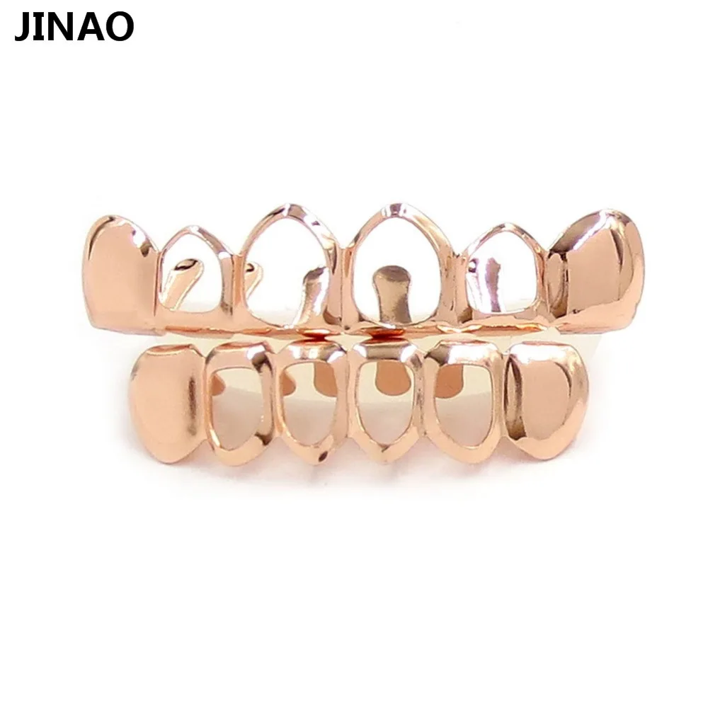 JINAO New Fit Pure Gold Color Plated Teeth Grills Four Hollow Open Face Mouth GRILLZ Caps Top&Bottom Grill Set Gift