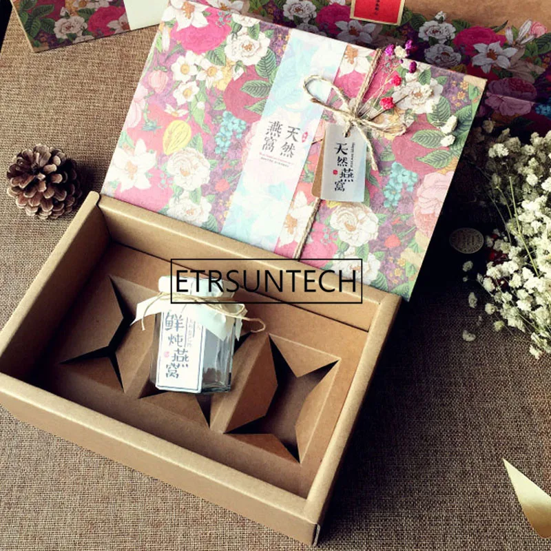 High Quality Kraft Paper Box For 3*100ml Glass Bottles Jam/Honey/Sauce/Pudding Box Party Gift Box