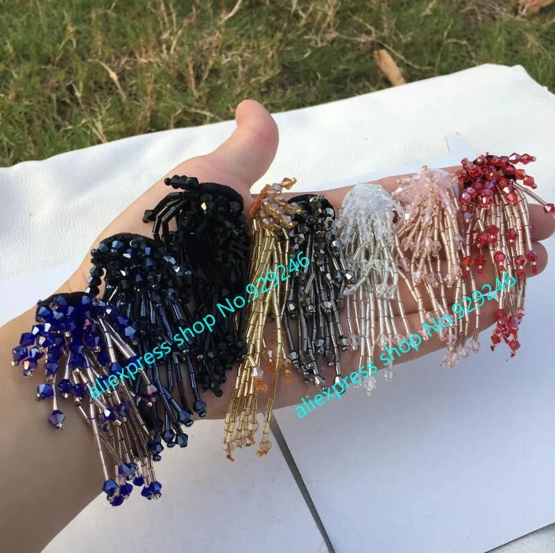 

hand-sewed beaded crystal flower pink red blue gey black silver beads applique with tassel fringes DIY garment supplies