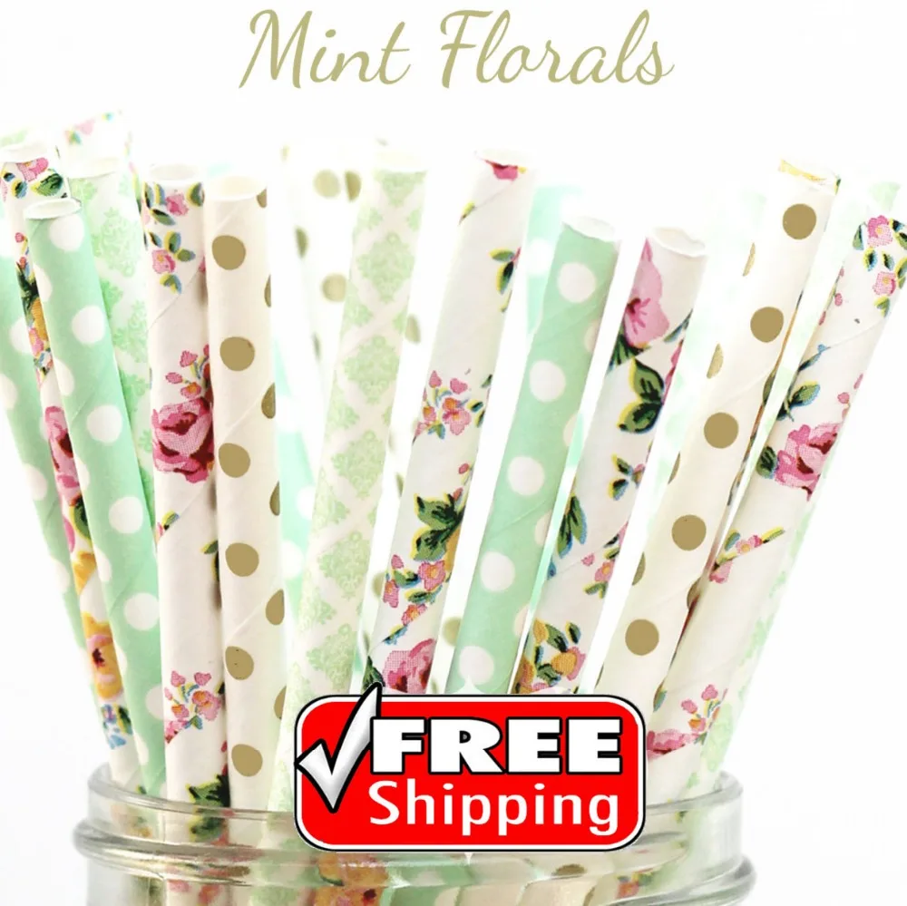 200 Pcs Mix 4 Designs MINT FLORALS Themed Paper Straws-Mint,Gold,Colored-Dot,Damask,Flower-Tea Party,Baby Shower,Bridal,Wedding