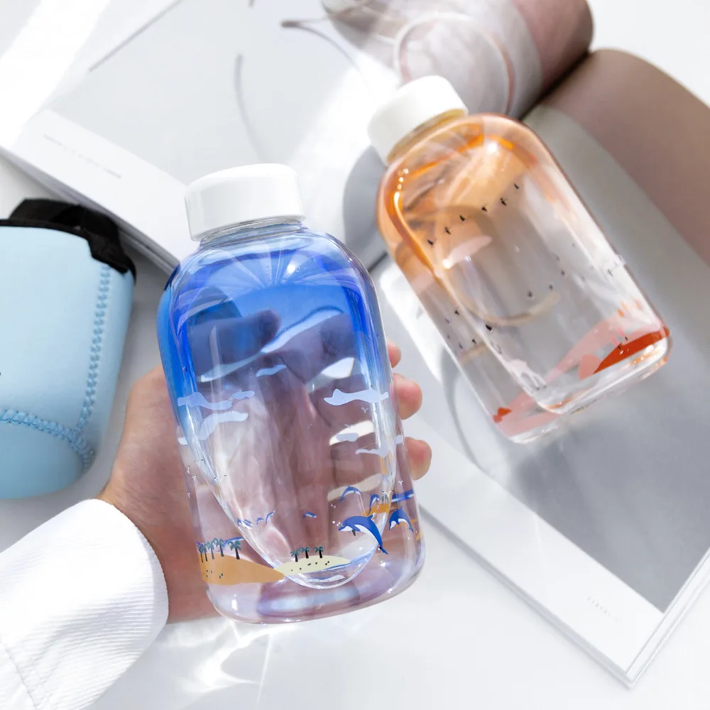 Gradient Color Glass Water Bottle with Sleeve 600ml Kawaii Cup Cute Deer Dolphin Bottles Tour Sport Bottle Lover Drinkware