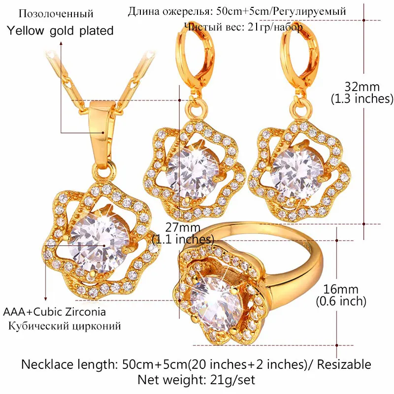 U7 Cubic Zirconia Wedding Jewelry Sets For Women Yellow Gold Color Rose Flower Earrings Ring Necklace Set For Women S727