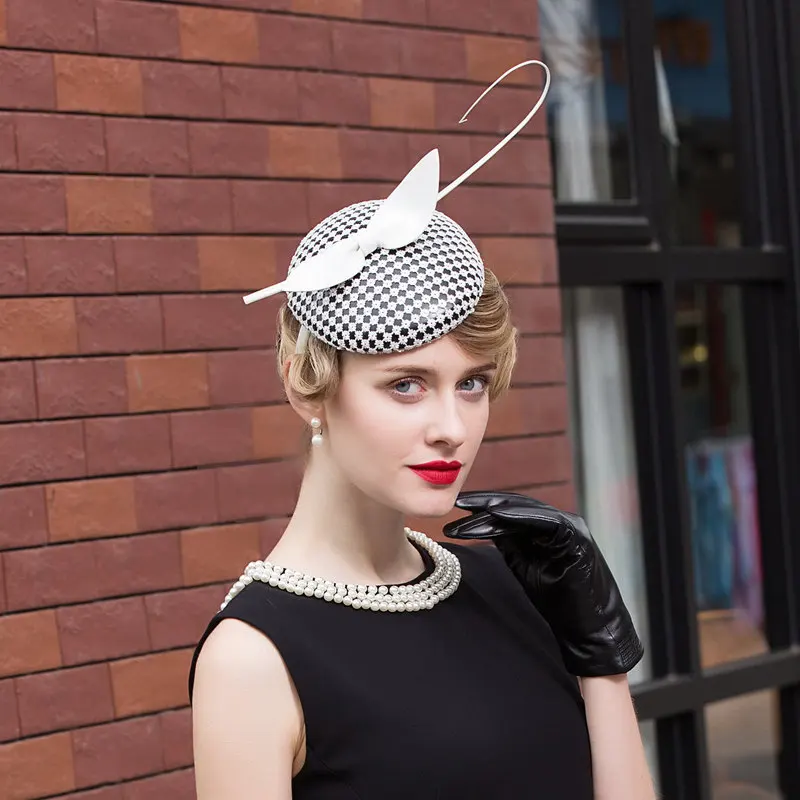 

Lady Fedoras Hat Female Fashion Caterer Small Party Hat Women Elegant Linen Cap Woman Feather Church Cap B-8213