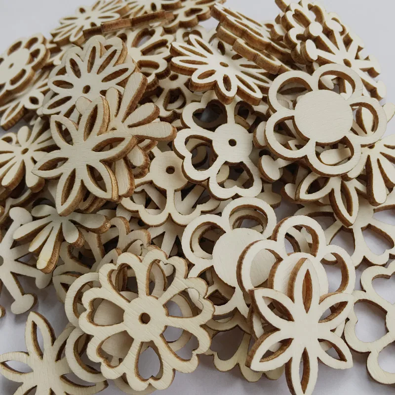 20pcs Mixed Wooden Embellishments Laser Cut Blanks Slices Flower Shapes Nature Decorations for Kids DIY