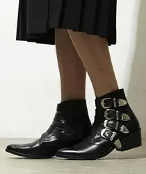 Spring Black Smooth Leather Women Ankle gr metal Buckles Boots Sexy Pointy Toe Ladies Chunky Heel Ankle Boots motorcycle Boots