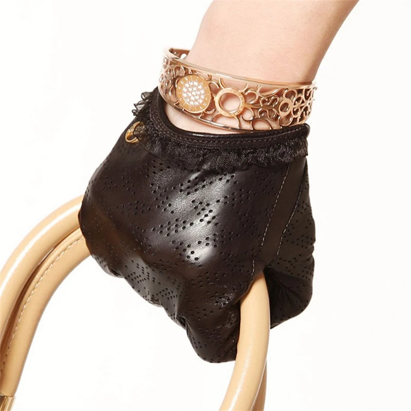 Women Gloves Breathable Genuine Leather Black Solid Short Wrist Lace Sheepskin Fashion Dressing Glove On Sale EL006NN