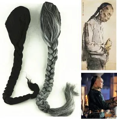 Dinastia qing cosplay dei capelli per gli uomini dinastia qing accessori per capelli neri capelli codino antica dinastia qing uomini lunga treccia dei capelli