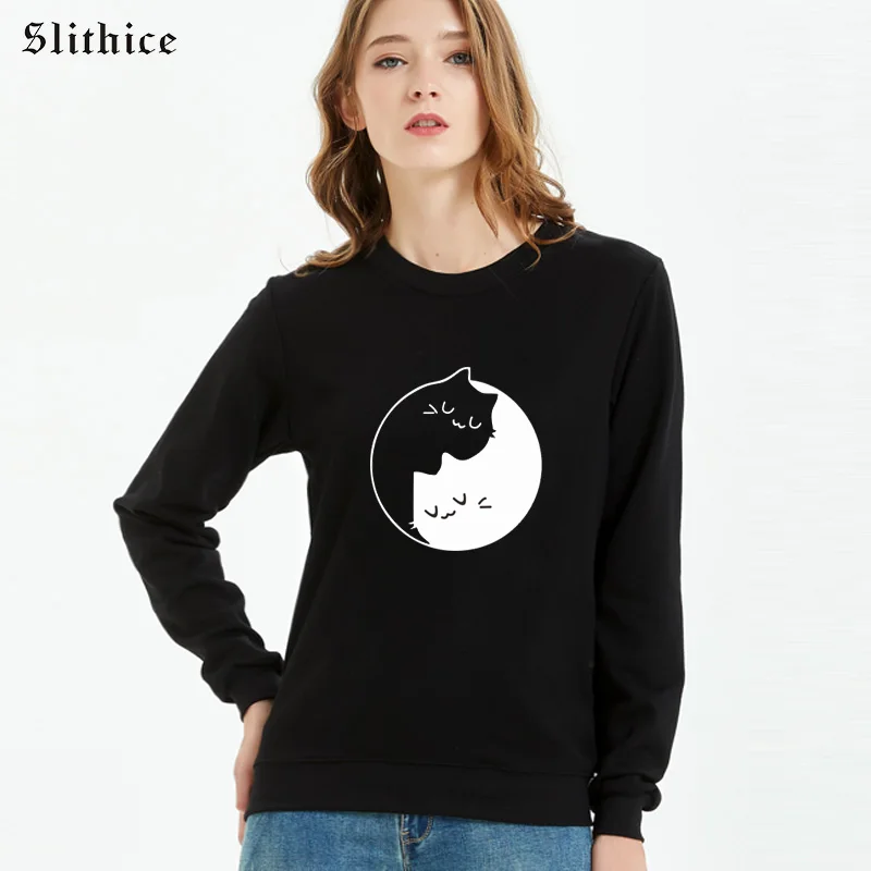 Slithice Harajuku White Black Cat opposite aesthetic Print Cats Sweatshirt for women Black Hipster Tumblr female hoodies Clothes