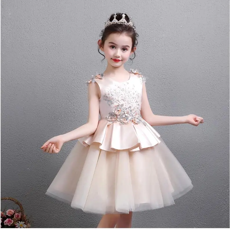 

Champagne Lace Flower Girl Wedding Bridesmaid Dress Bead Decoration Girl Party Pageant Princess Kids First Communion Costumes