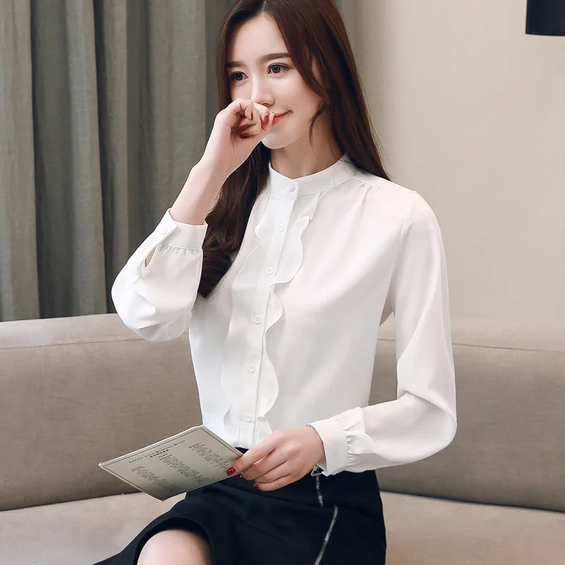 Musim Semi Baru Kemeja Sifon Perempuan Korea Warna Murni Kerah Blus Kantor Wanita Mengacak-acak Temperamen Lengan Panjang Atasan H9143