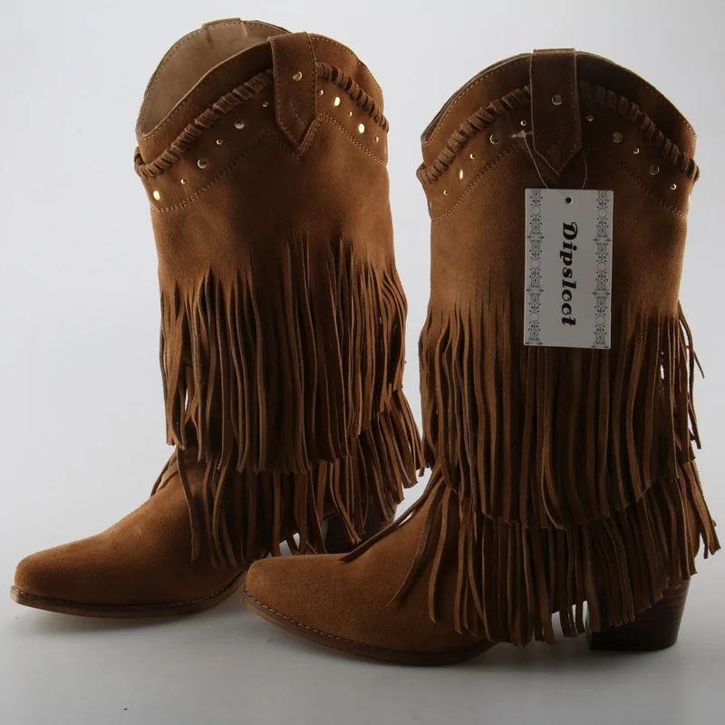 Gorąca Camel Suede skóry kobiet Slip On Fringe buty Pointy Toe w stylu kowbojskim damskie zachodnie buty wysokiej jakości Med obcas nit buty