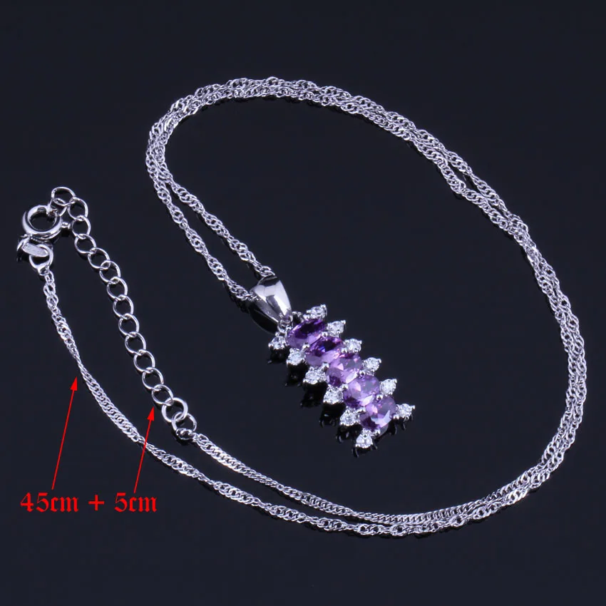 Sweet Purple Cubic Zirconia White CZ Silver Plated Jewelry Sets Earrings Pendant Chain Ring V0299