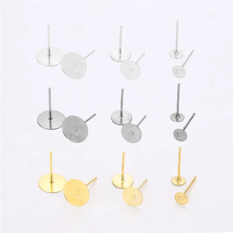 200pcs Metal Iron Earring Blank Base Fit 4/5/6/8/10mm Cabochon Cameo Settings Gold Silver Color Ear Post For DIY Jewelry Making