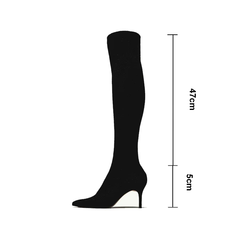 Elastic Knitted Stocking Boots Autumn Women Thin Leg High Heels Shoes Thigh High Boots Stretch Fabric Woman Over The Knee WB1399