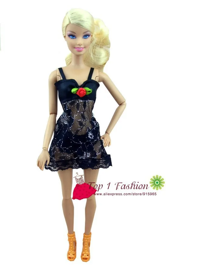 1Sets black color Sexy Pajamas set Lingerie Nightwear Lace Night Dress + Bra + Underwear bikini Clothes For Barbie Doll