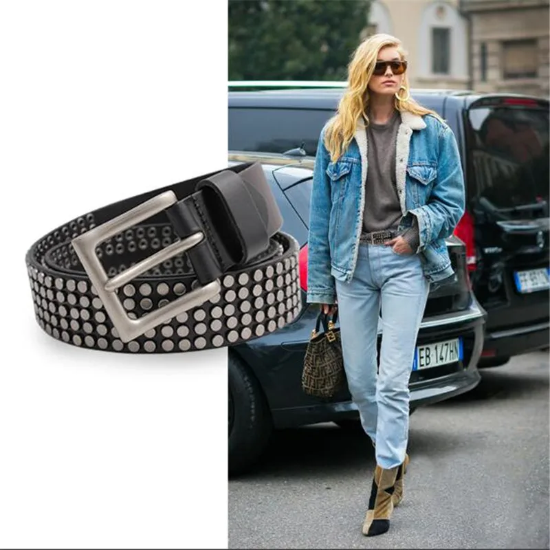 High quality metal studded leather denim belt leather ladies belt punk jeans belt men and women punk style belt