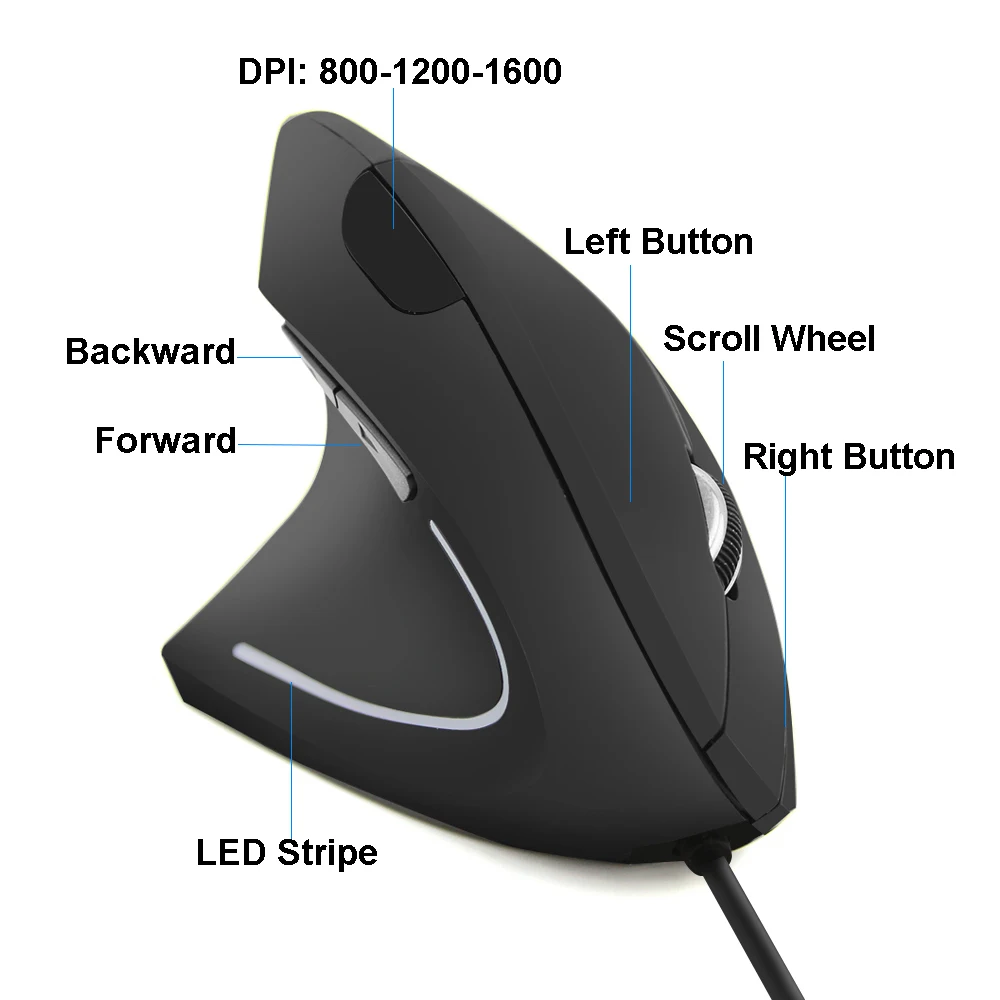 Vertical Left Hand Mouse USB Ergonomic Wired Mice Optical 6 Buttons Pro Computer Mouse 1600DPI Backlit Gaming Mause For Laptop