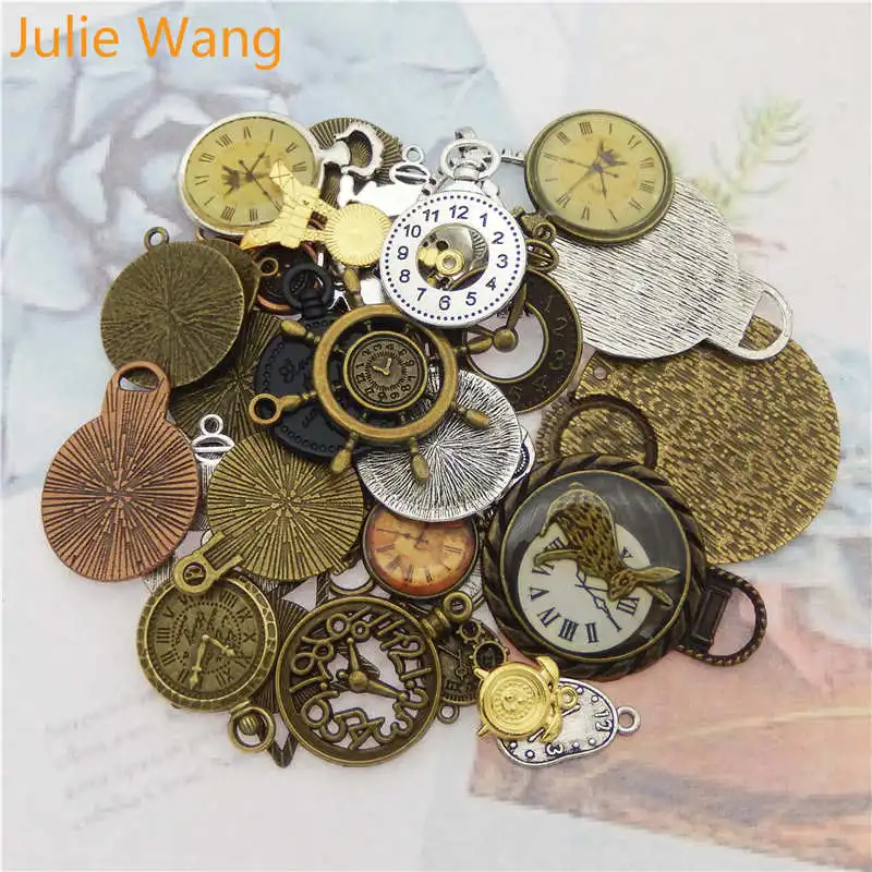 Julie Wang 10pcs Random Mixed Clock Watch Face Charms Alloy Necklace Pendant Finding Jewelry Making Steampunk Accessory