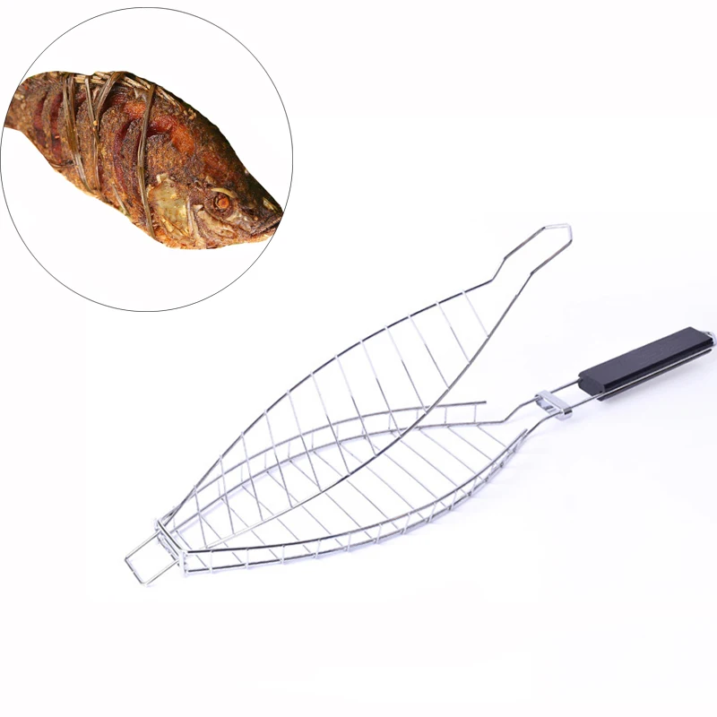 Stainless Steel Roast Fish Wire Mesh Non-stick Steak Tool Collapsible Shelf Wooden Handle Grill Meshes Roast Meat  Tool 1pcs