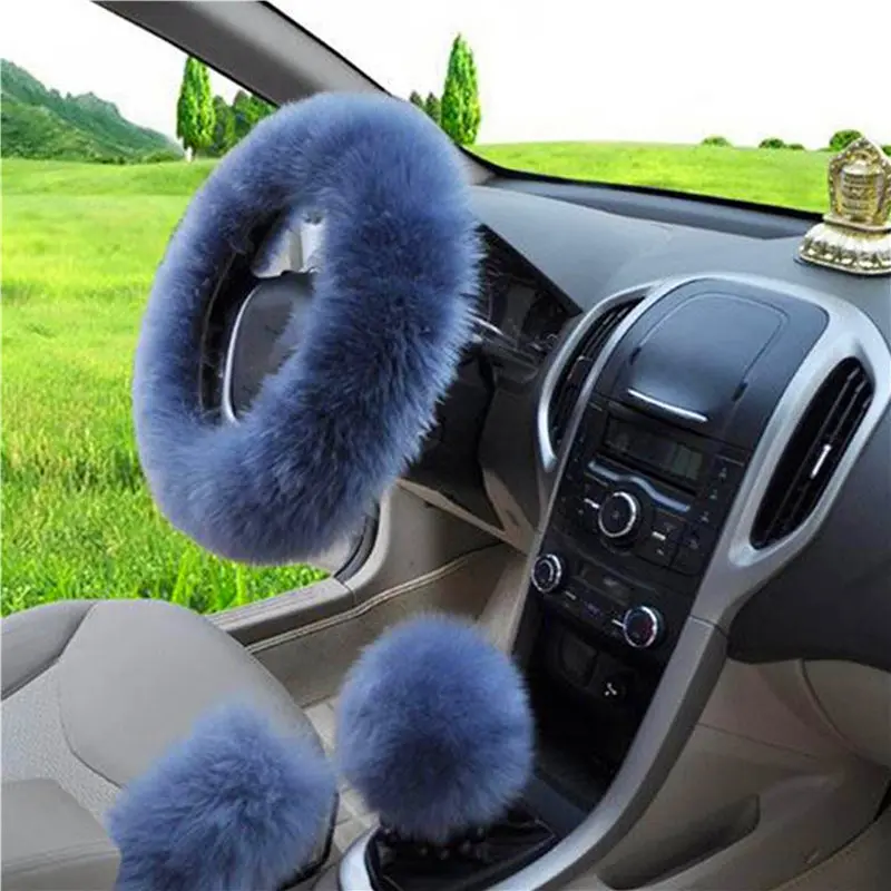 3pcs/set Fur Car Steering Wheel Cover Gray-blue color Wool Winter Essential Universal Furry Fluffy Thick Faux Three Season