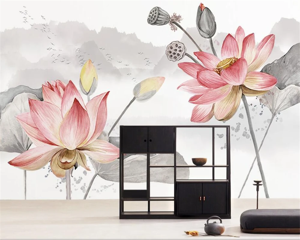 

Beibehang 3D Wallpapers HD Hand Painted Ink Landscape Pond Background Wall Living Room Bedroom TV mural wallpaper for walls 3 d