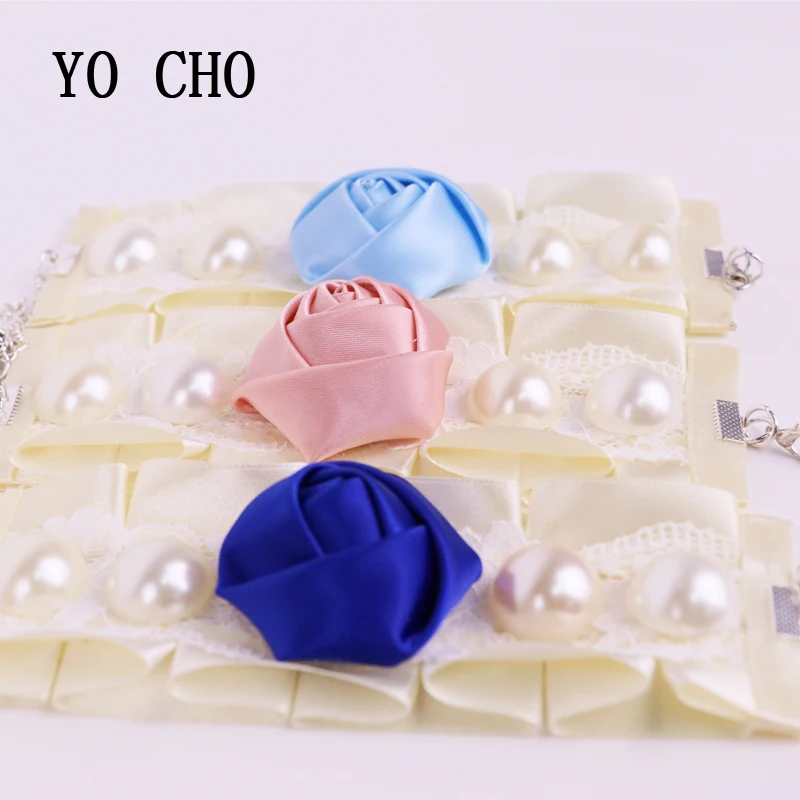 YO CHO Delicate 3 Colors Silk Lace Rose Flowers Full Pearl For Wedding Dancing Party Decor Bridesmaid Sisters Hand Flowers Prom