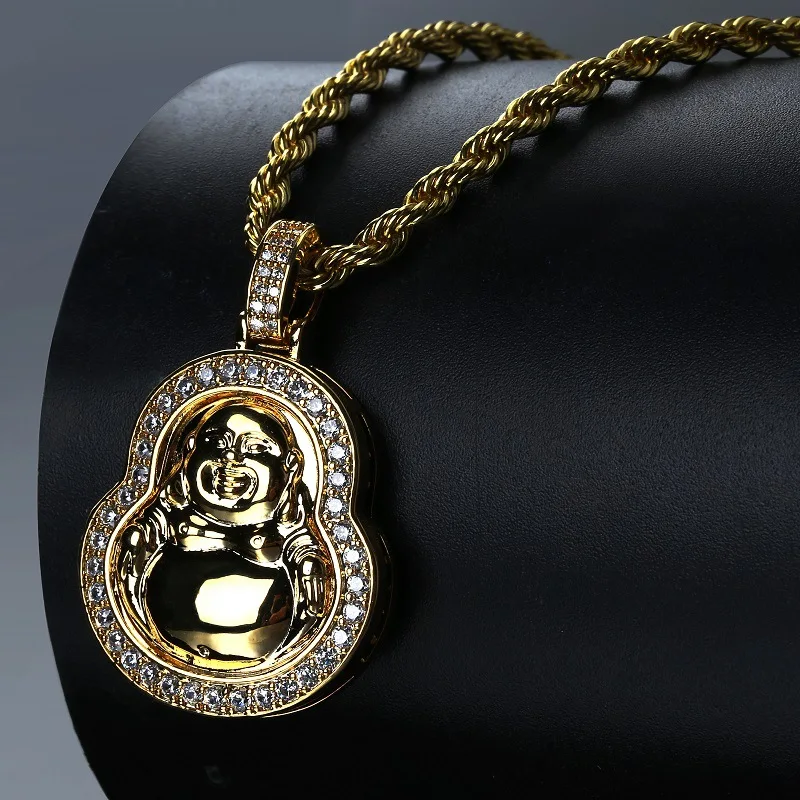 Gold Color Copper Maitreya Buddha Pendants Necklaces for Men Hip Hop AAA CZ Crystal Bling Ice Out Individuality Rapper Jewelry