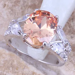 Prominent Champagne Morganite White CZ Silver Plated  Women's Jewelry Ring Size 6 / 7 / 8 / 9 R0795